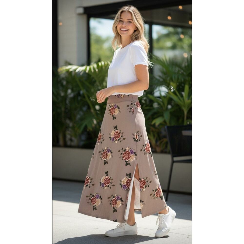 Women's Size Small Floral Fold Over Maxi Skirt Rose Print Side Slit